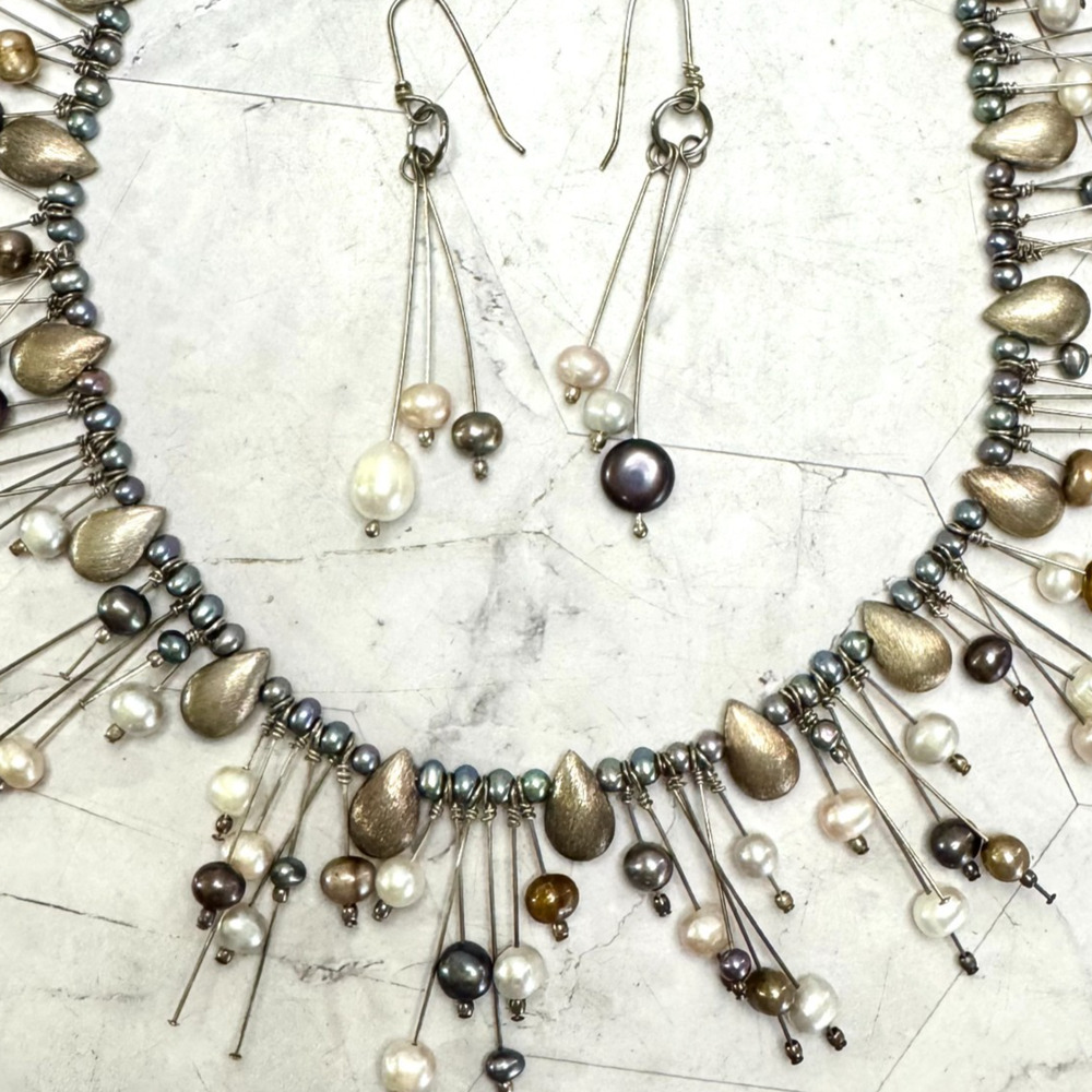 Vintage Sterling Silver Waterfall Necklace & Earrings Pearl 925 Spiky Bohemian